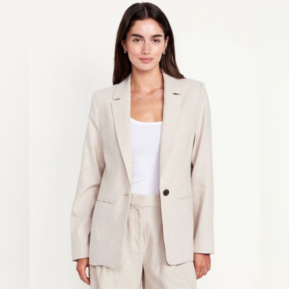 Old Navy Women's Tan Linen Blend Single Button Blazer Jacket Size M